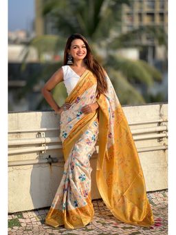 ELITE WEAVES - Yellow Tessar Silk Bold Kalamkari Figure Printed Saree with Unstitched Blouse