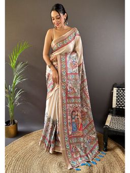 ELITE WEAVES - Cream Tessar Silk Bold Kalamkari Figure Printed Saree with Unstitched Blouse