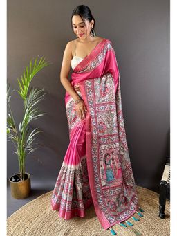 ELITE WEAVES - Pink Tessar Silk Bold Kalamkari Figure Printed Saree with Unstitched Blouse