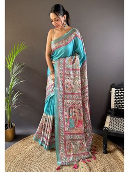 ELITE WEAVES - Aqua Tessar Silk Bold Kalamkari Figure Printed Saree with Unstitched Blouse