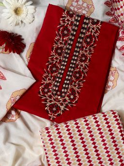 SALWAR STUDIO - Embroidered Maroon Unstitched Kurta with Pant and Dupatta