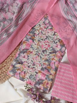 SALWAR STUDIO - Embroidered Pink Unstitched Kurta with Pant and Dupatta