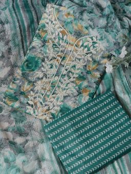 SALWAR STUDIO - Embroidered Rama Green Unstitched Kurta with Pant and Dupatta