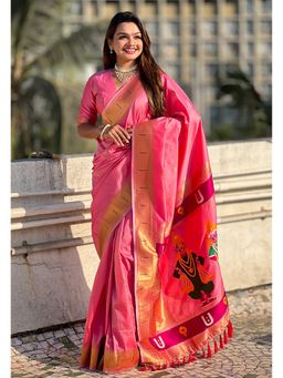 ELITE WEAVES - Pink Paithani Silk Vitthala God Traditional Zari Woven Saree with Unstitched Blouse