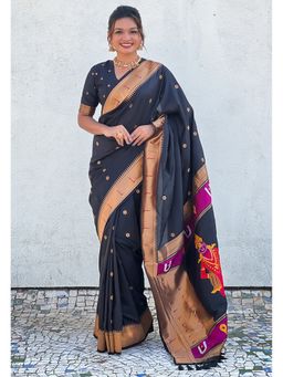 ELITE WEAVES - Black Paithani Silk Vitthala God Traditional Zari Woven Saree with Unstitched Blouse