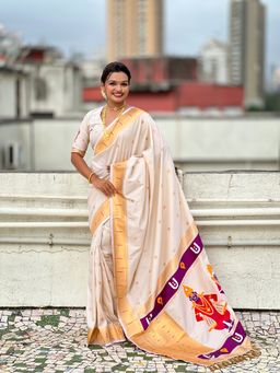 ELITE WEAVES - Cream Paithani Silk Vitthala God Traditional Zari Woven Saree with Unstitched Blouse