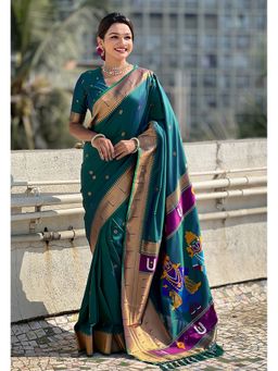 ELITE WEAVES - Green Paithani Silk Vitthala God Traditional Zari Woven Saree with Unstitched Blouse