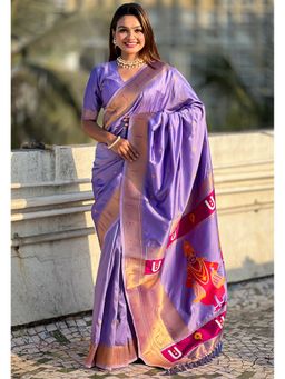 ELITE WEAVES - Lavender Paithani Silk Vitthala Traditional Zari Woven Saree with Unstitched Blouse