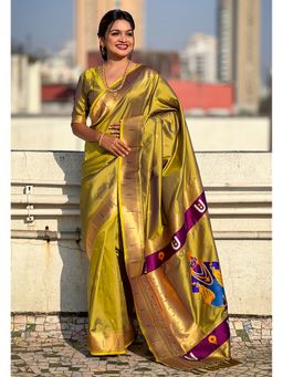 ELITE WEAVES - Olive Paithani Silk Vitthala God Traditional Zari Woven Saree with Unstitched Blouse