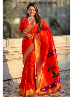 ELITE WEAVES - Orange Paithani Silk Vitthala God Traditional Zari Woven Saree with Unstitched Blouse