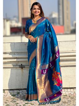 ELITE WEAVES - Blue Paithani Silk Vitthala God Traditional Zari Woven Saree with Unstitched Blouse