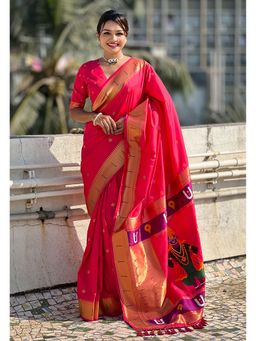 ELITE WEAVES - Red Paithani Silk Vitthala God Traditional Zari Woven Saree with Unstitched Blouse