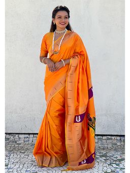 ELITE WEAVES - Yellow Paithani Silk Vitthala God Traditional Zari Woven Saree with Unstitched Blouse