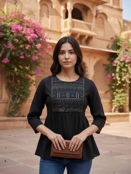 Rangita - Women Embroidered Rayon Black Kurti