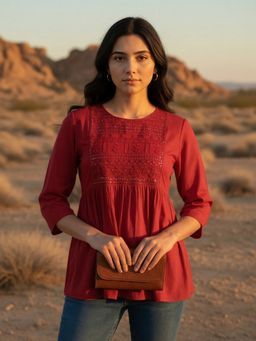 Rangita - Women Embroidered Rayon Red Kurti