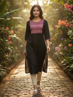 Rangita - Women Embroidered Rayon Slub Black Kurta