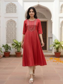 Rangita - Women Embroidered Viscose Blend Red Kurta