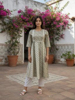 Rangita - Women Floral Cotton Lurex Blue Kurta