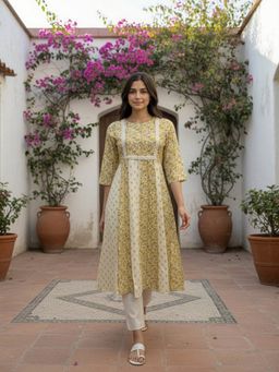 Rangita - Women Floral Cotton Lurex Mustard Kurta
