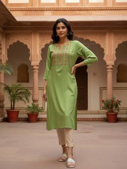 Rangita - Women Embroidered Rayon Green Kurta