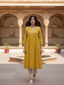 Rangita - Women Embroidered Rayon Slub Mustard Kurta