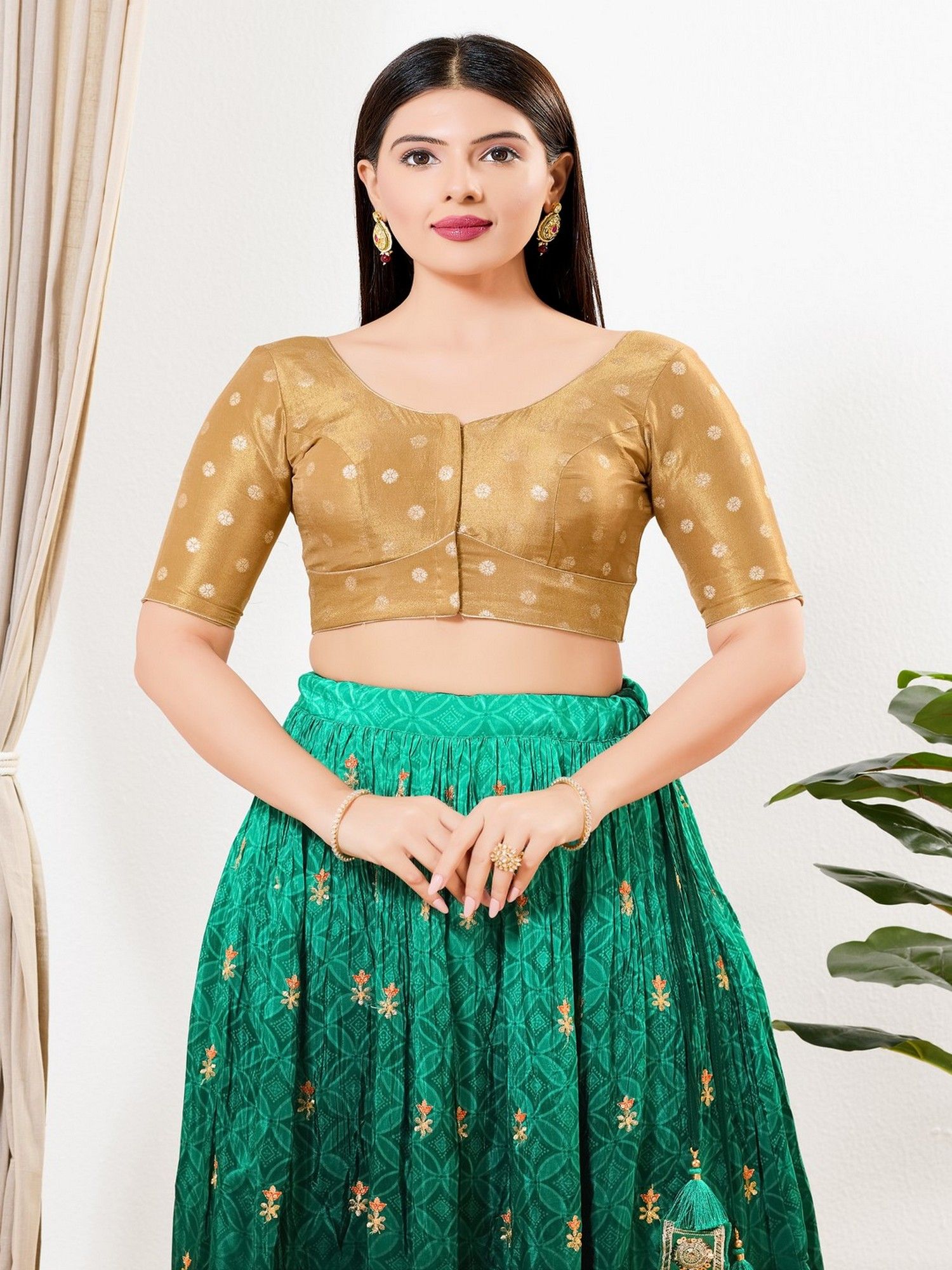 Women Round Neck Gold Padded Stitched Blouse-picture-21