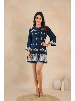 Zolo Label - Navy Blue Embroidered Rayon Midi Dress