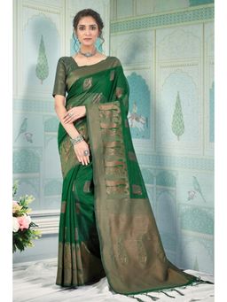 Sangam Prints - Green Cotton Woven Zari Work Traditional Tassel Saree with Unstitched Blouse