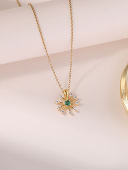 Ornate Jewels - 925 Silver 18K Gold Plated Natural Emerald Floral Pendant with Chain for Women & Girls