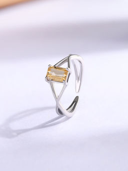 Ornate Jewels - 925 Silver Rhodium Plated Natural Citrine Solitaire Adjustable Ring for Women & Girls
