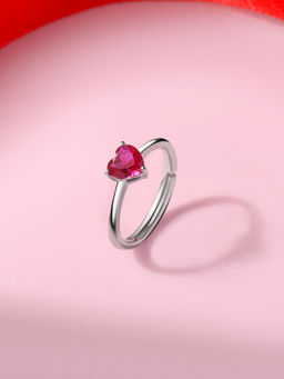 Ornate Jewels - 925 Silver Rhodium Plated Pink Adjustable Heart Ring Valentine Gift for Girlfriend