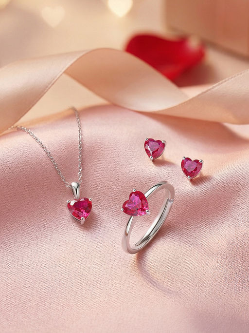 Ornate Jewels 925 Silver Rhodium Plated Red Ruby Heart Jewellery Set for Women & Girls
