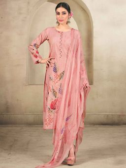 Stylee LIFESTYLE - Pink Cotton Thread Work Unstitched Kurta With Bottom & Dupatta (Set of 3)