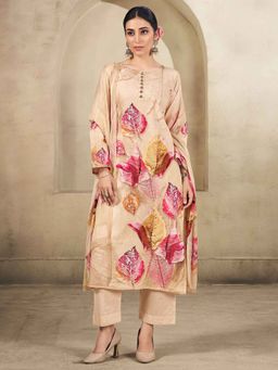 Stylee LIFESTYLE - Beige Cotton Thread Work Unstitched Kurta With Bottom & Dupatta (Set of 3)
