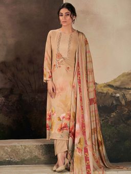 Stylee LIFESTYLE - Beige Muslin Embroidered Unstitched Kurta With Bottom & Dupatta (Set of 3)