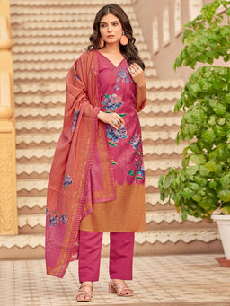 Stylee LIFESTYLE - Pink Muslin Thread Work Unstitched Kurta With Bottom & Dupatta (Set of 3)