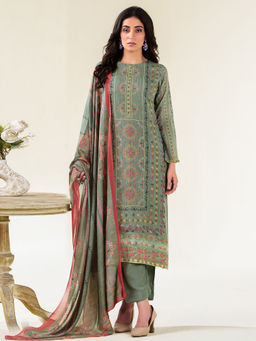 Stylee LIFESTYLE - Olive Muslin Thread Work Unstitched Kurta With Bottom & Dupatta (Set of 3)