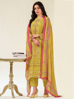 Stylee LIFESTYLE - Yellow Muslin Thread Work Unstitched Kurta With Bottom & Dupatta (Set of 3)