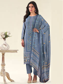 Stylee LIFESTYLE - Blue Muslin Thread Unstitched Kurta With Bottom & Dupatta (Set of 3)