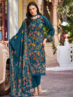 Stylee LIFESTYLE - Teal Floral Print & Embroidered Unstitched Kurta With Bottom & Dupatta (Set of 3)