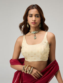 Gajra Gang - Moroccan View Cream Tissue Brocade Square Neck Stitched Blouse