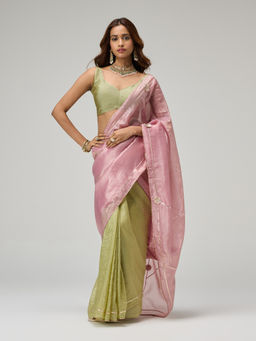 Gajra Gang - Moroccan View Pink Tissue Colorblock Gota Embellished Saree without Blouse