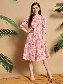 Meeranshi - Pink Floral Flared Knee-Length Dress