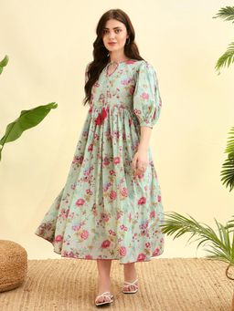 Meeranshi - Sea Green Floral Printed Flared Long Dress