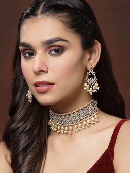PANASH - Gold Plated Red Stone and White Kundan Reversible Choker Jewellery (Set of 2)