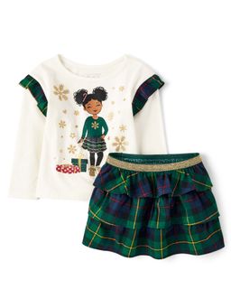 The Children's Place - Girls White Ruffle Printed Top with Contrast Skirt (Set of 2)
