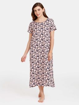Zivame - Rosaline Eternal Bloom Woven Mid Length Nightdress - Night Sky-Blue