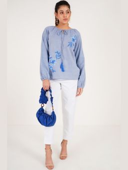 Western Era - Azalea Peasant Blue Pure Cotton Top