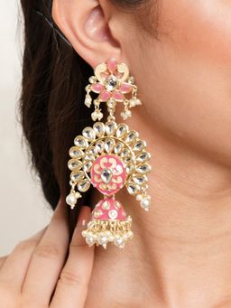 Karatcart - Gold Plated Pink Meena Kundan Studded Dangler Jhumki Earrings for Women