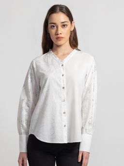 SHAYE - Collarless White Floral Printed Long Sleeves Casual Shirt for Women
